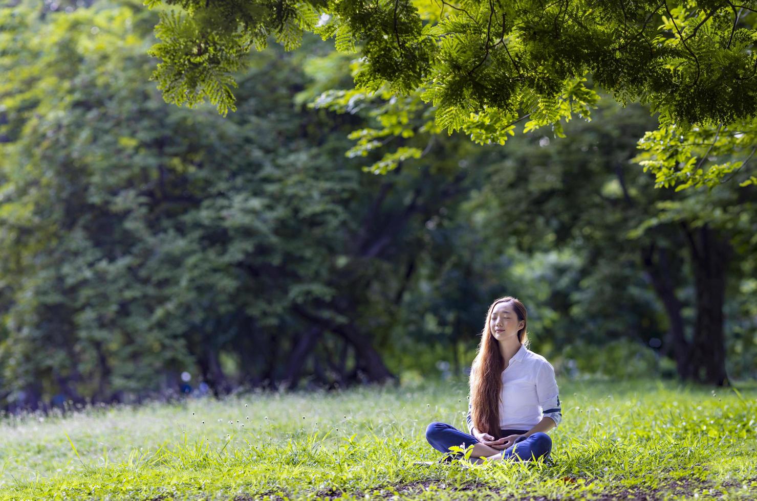 Woman relaxingly practicing meditation in the forest to attain happiness from inner peace wisdom for healthy mind and soul photo