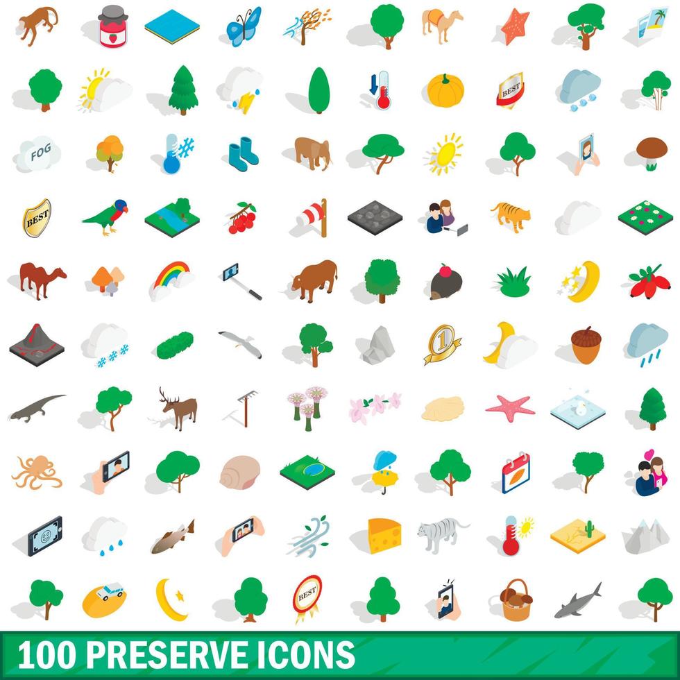 100 preserve icons set, isometric 3d style vector