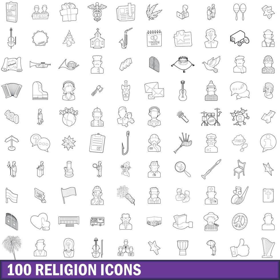 100 religion icons set, outline style vector