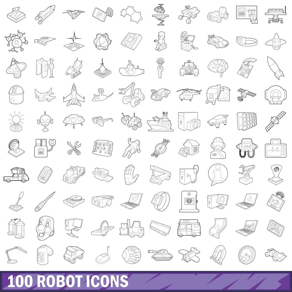 100 robot icons set, outline style vector