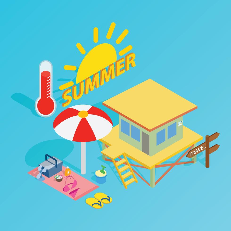 Beach holiday clip art, isometric style vector