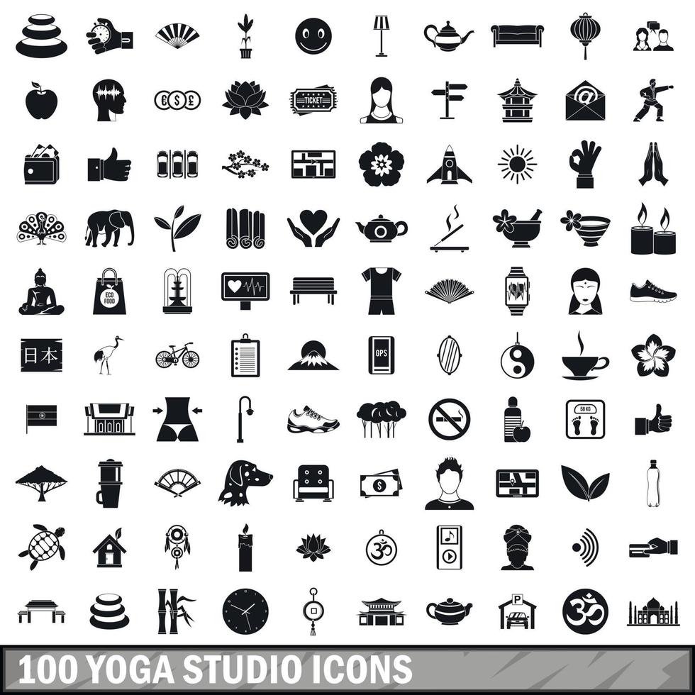 100 iconos de estudio de yoga, estilo simple vector