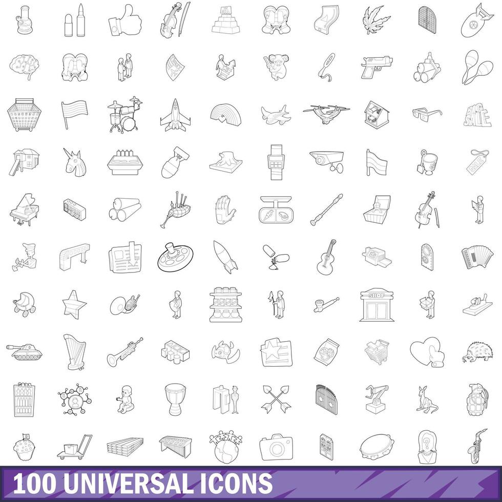 100 universal icons set, outline style vector