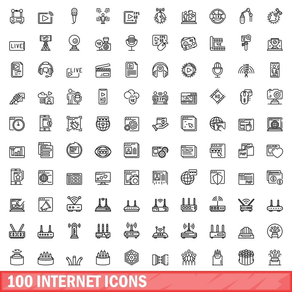 100 iconos de internet establecidos, estilo de esquema vector
