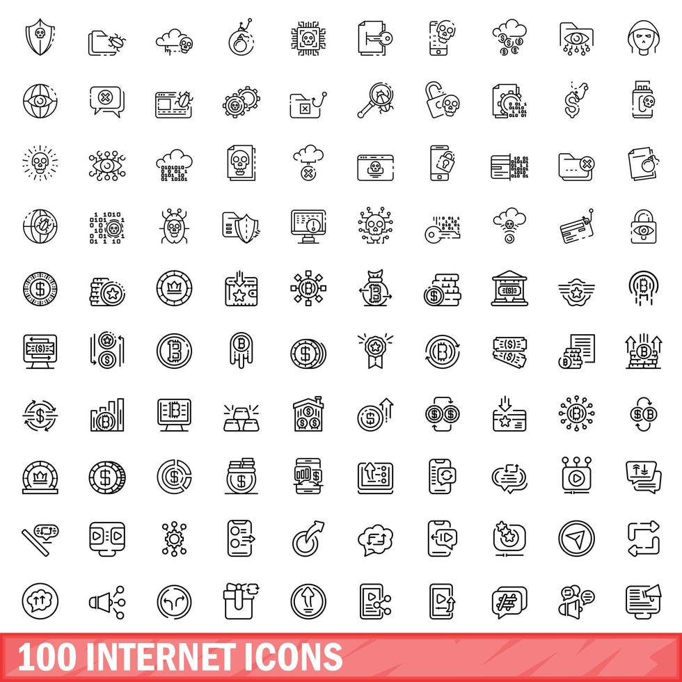 100 internet icons set, outline style vector