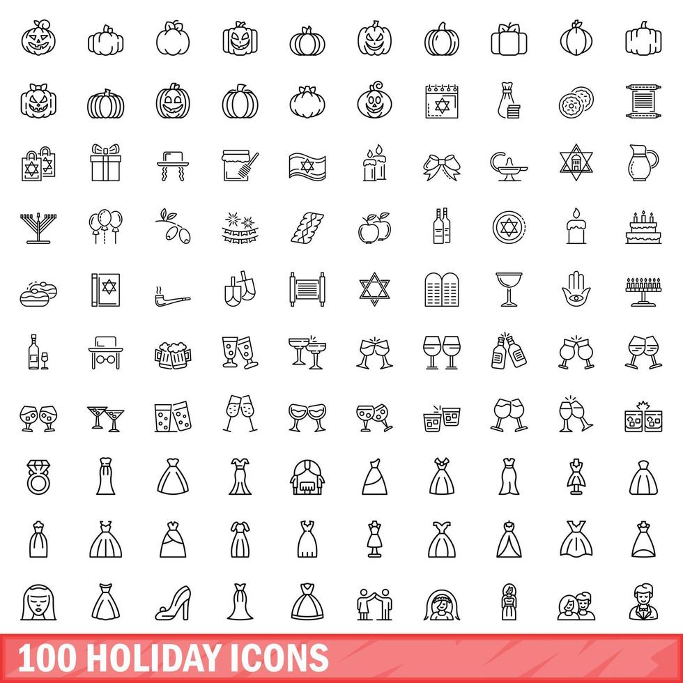 100 holiday icons set, outline style vector