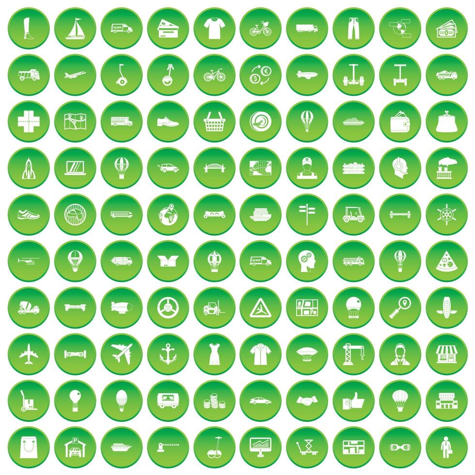 100 iconos de logística establecer círculo verde vector