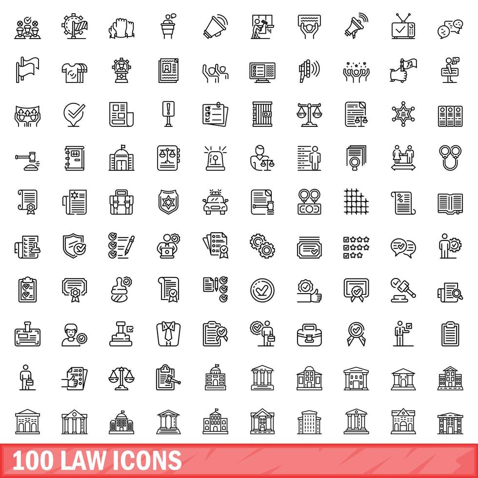 100 law icons set, outline style vector