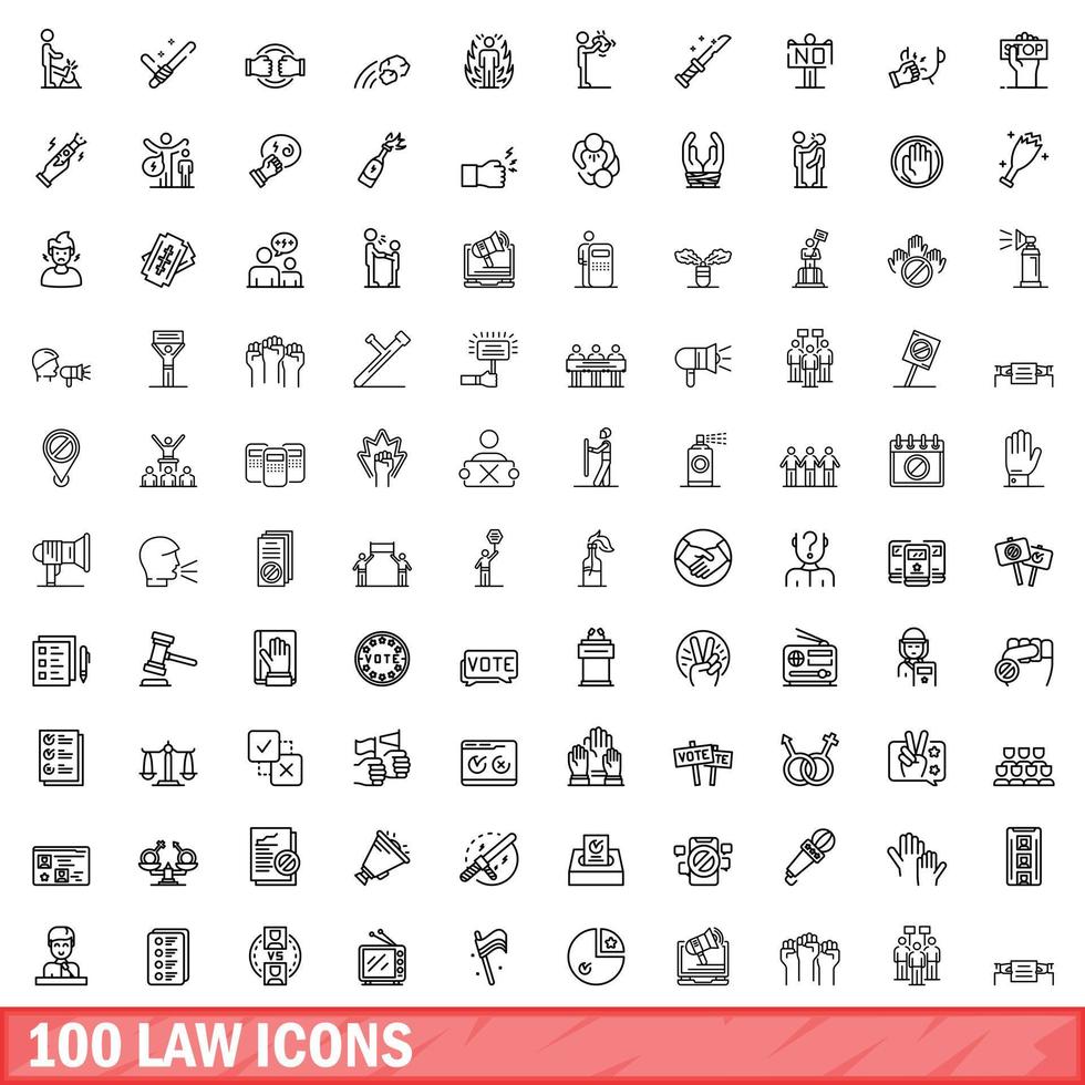 100 law icons set, outline style vector