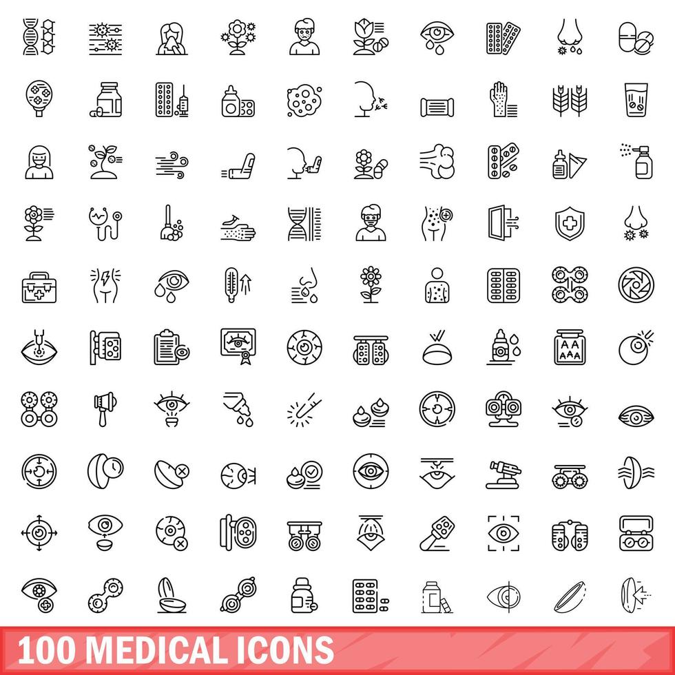 100 medical icons set, outline style vector