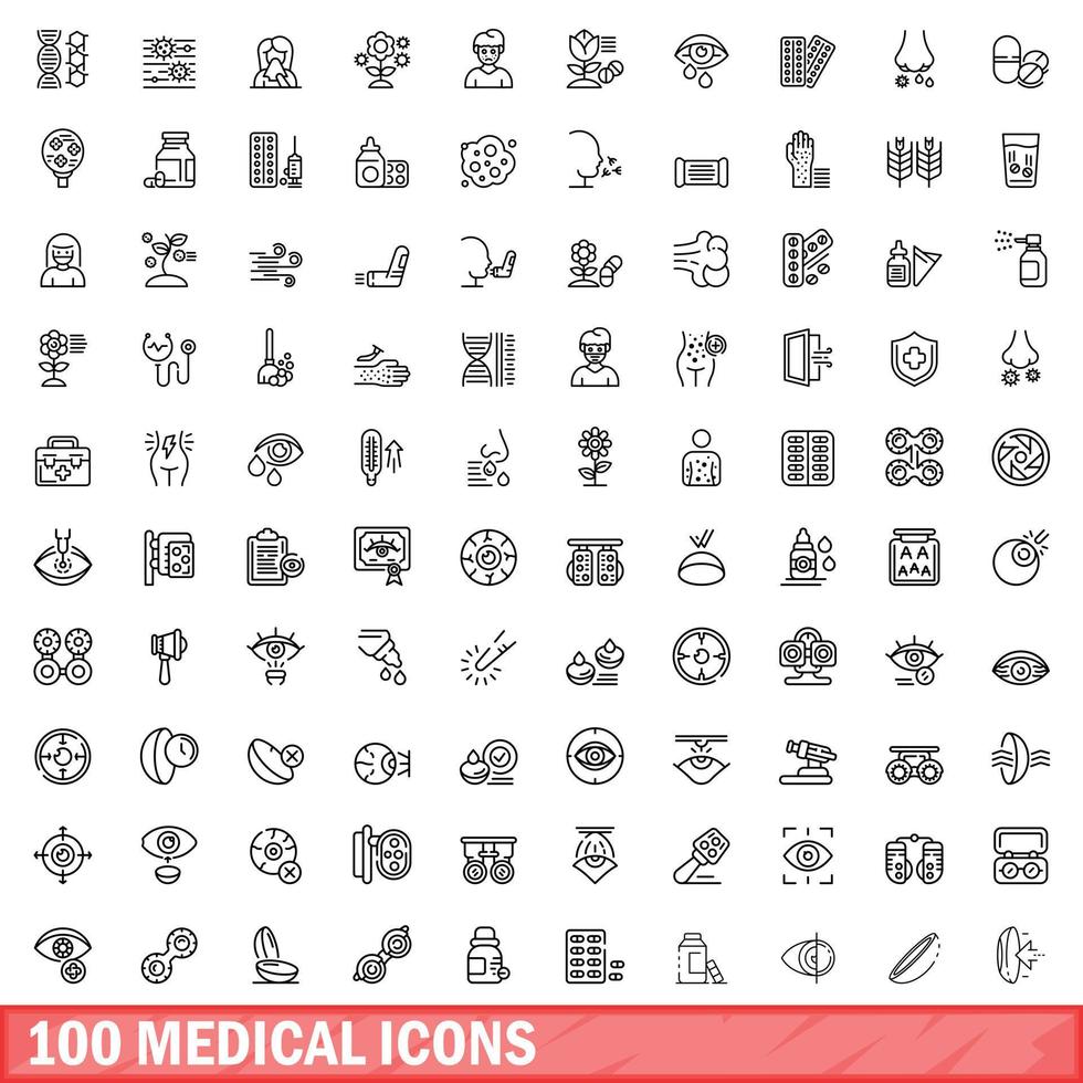 100 iconos médicos establecidos, estilo de contorno vector