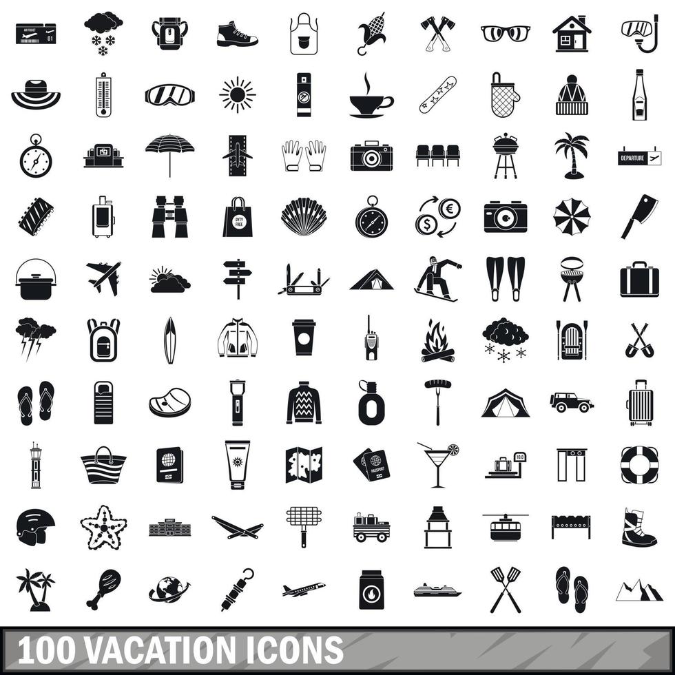 100 vacation icons set, simple style vector