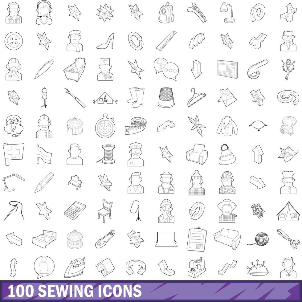 100 iconos de costura, estilo de esquema vector