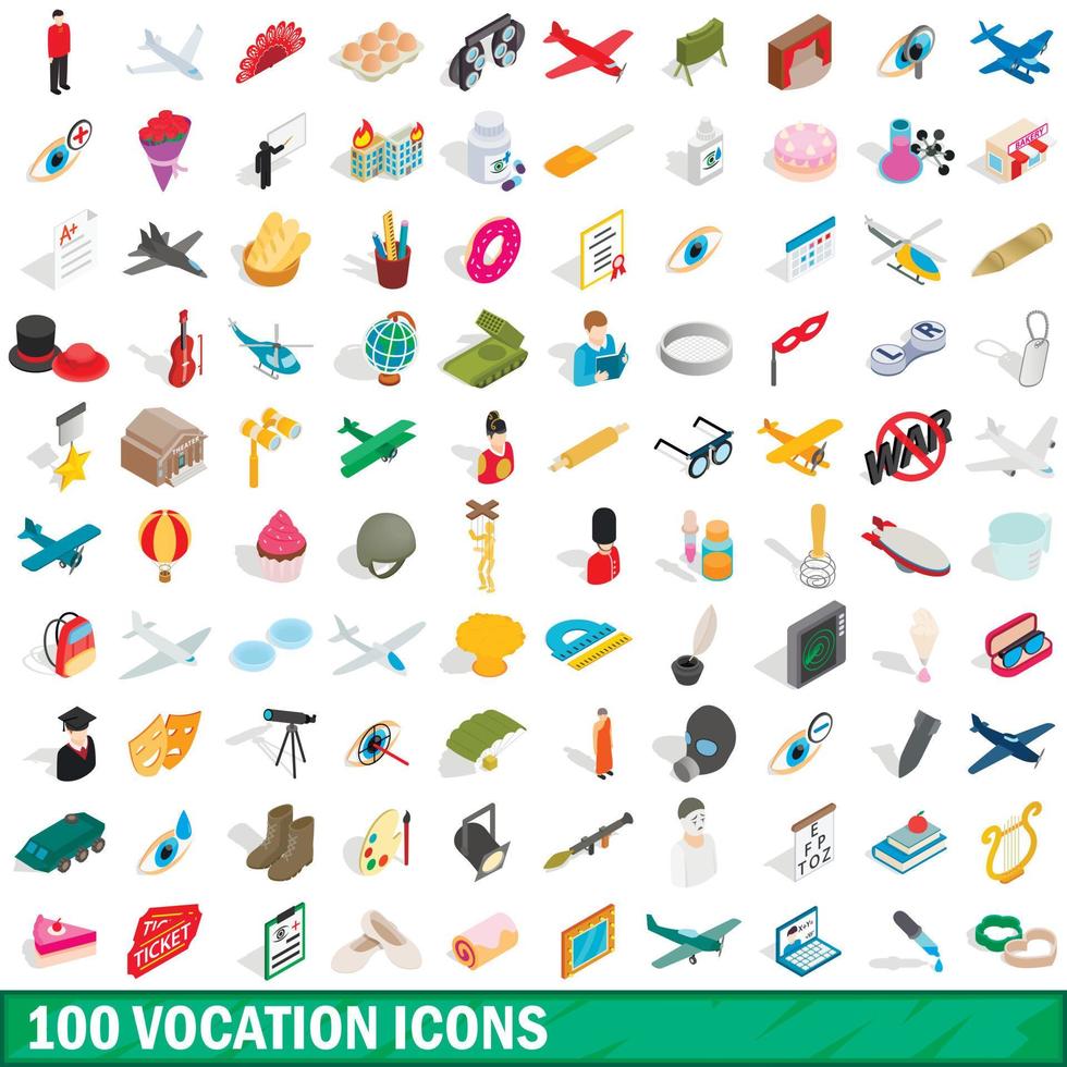 100 vocation icons set, isometric 3d style vector