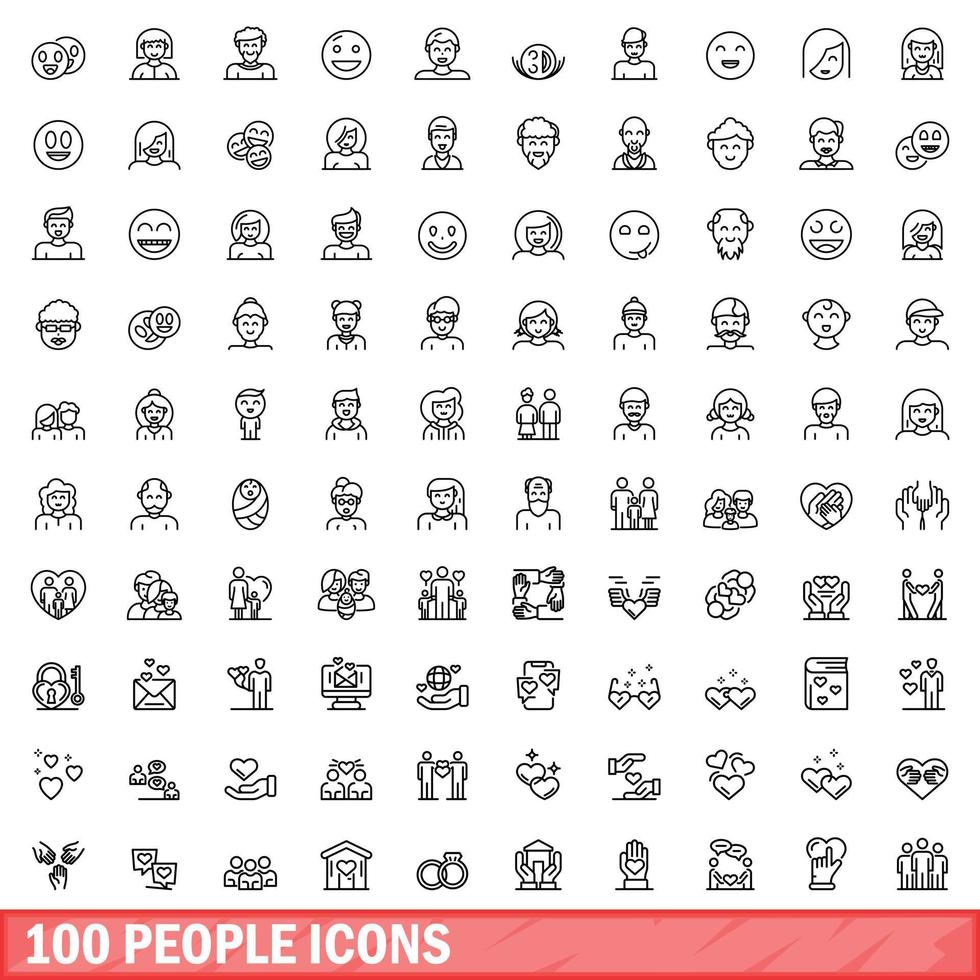 Conjunto de iconos de 100 personas, estilo de esquema vector