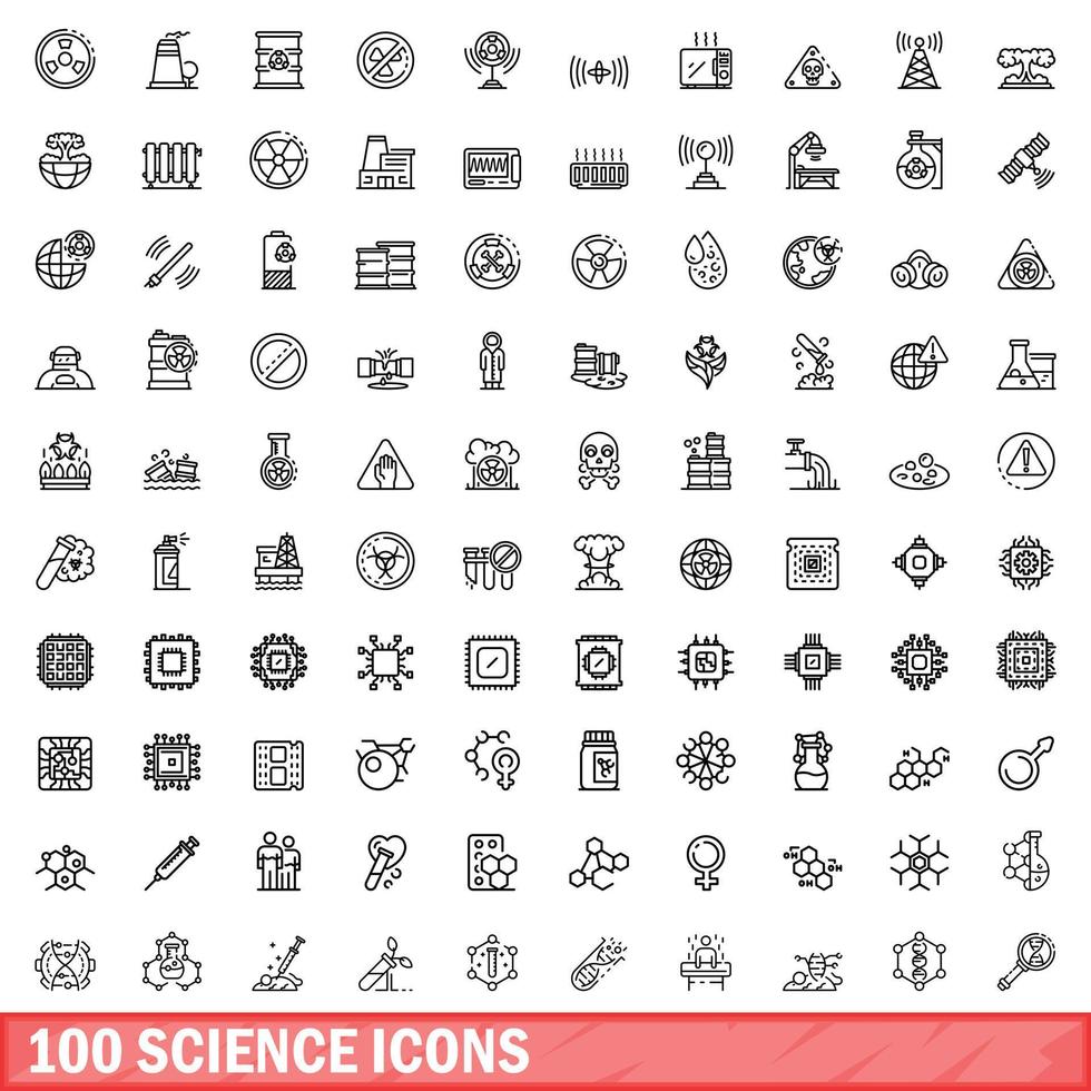 100 science icons set, outline style vector