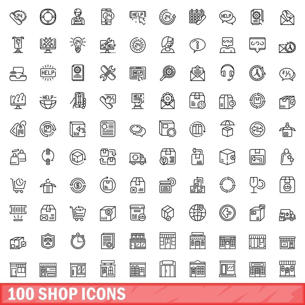 100 shop icons set, outline style vector