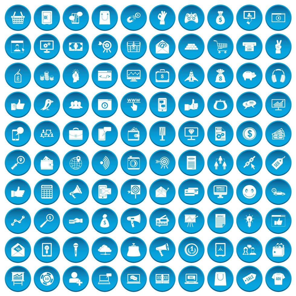 100 iconos de marketing digital conjunto azul vector