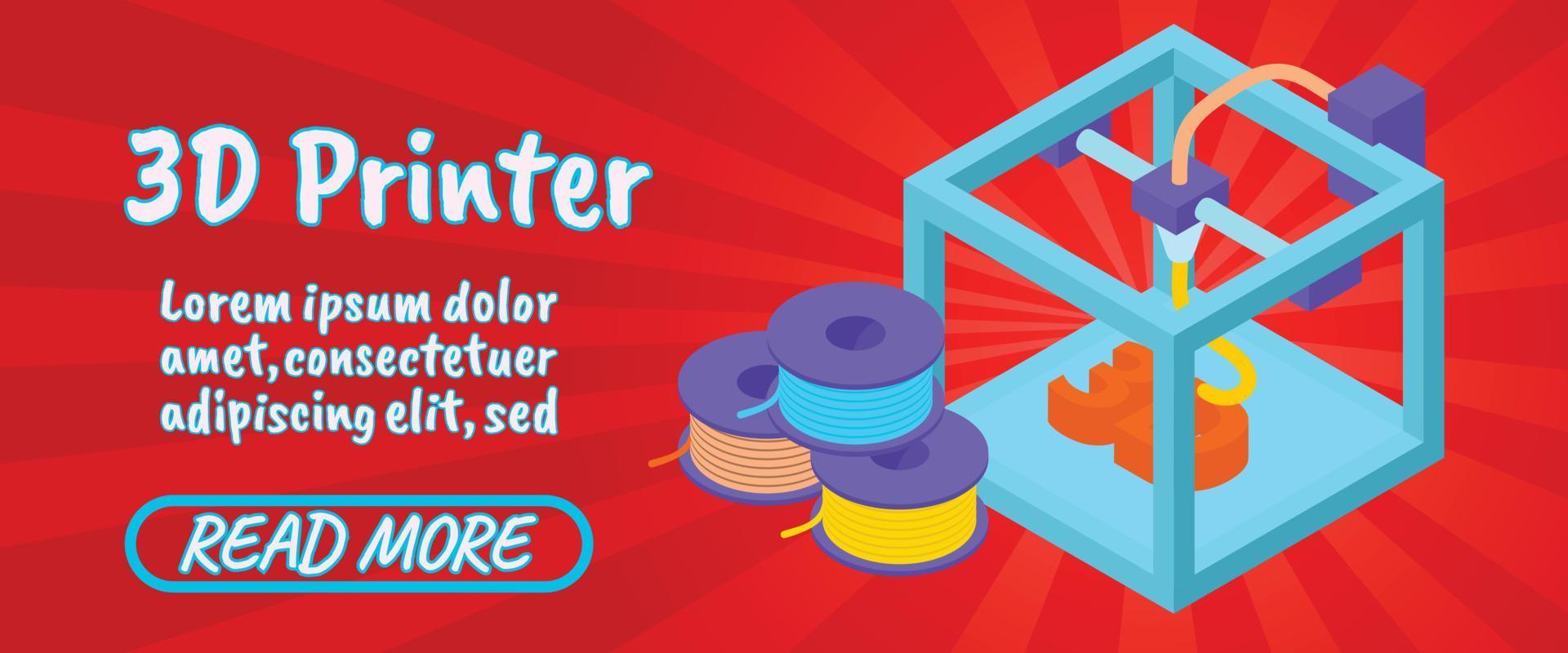 3D printer concept banner, comics isometric style vector