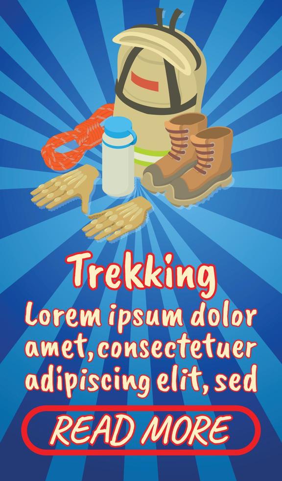 Trekking concept banner, comics isometric style vector