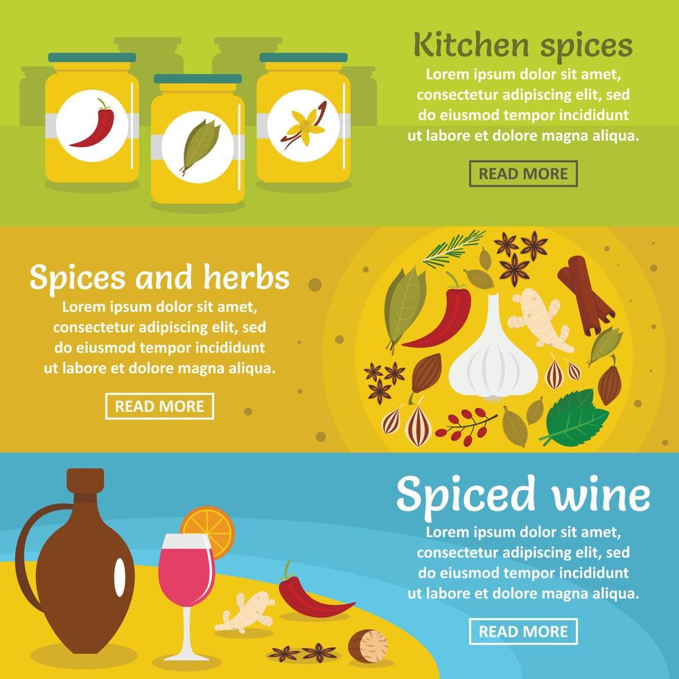 Spices cooking banner horizontal set, flat style vector
