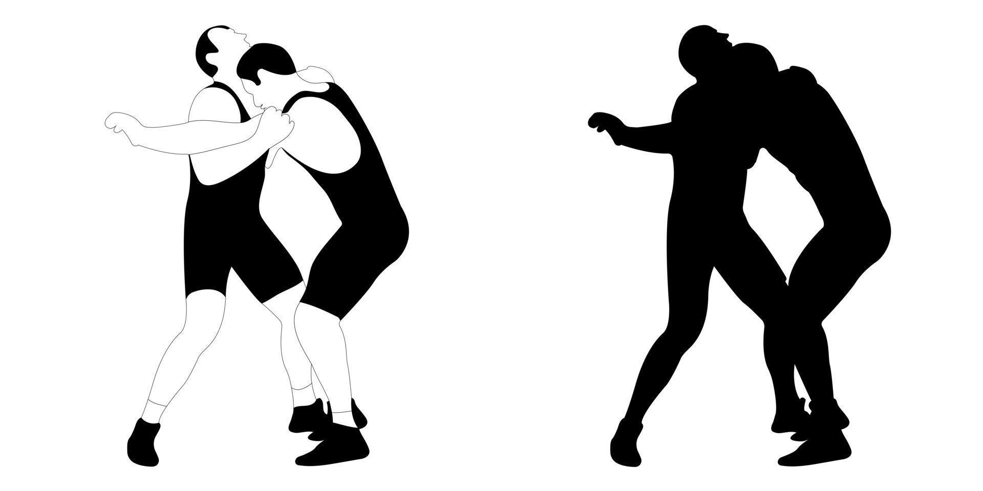 Silhouette outline of wrestler athlete in wrestling, duel, fight. Greco Roman, freestyle, classical wrestling. vector