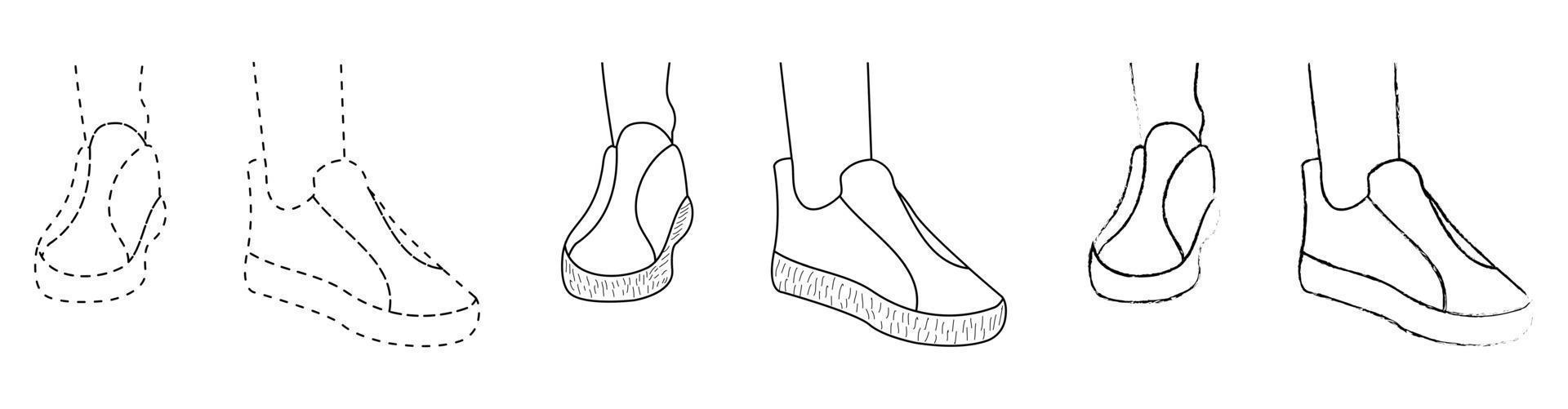 dibujo esbozo de la silueta de zapatillas deportivas, entrenadores, zapatos de goma. estilo de línea y trazos de pincel vector