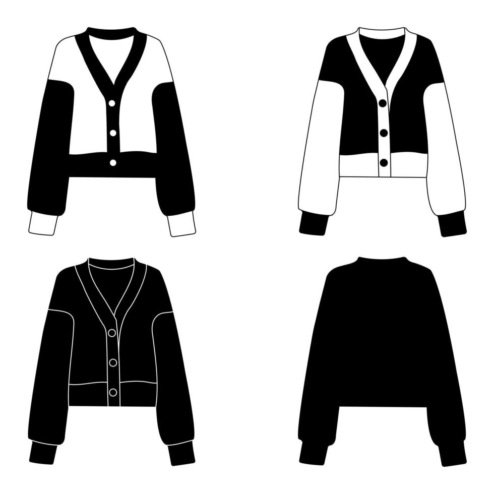 esbozar silueta en blanco y negro, chaqueta de mujer de moda, suéter. vector aislado