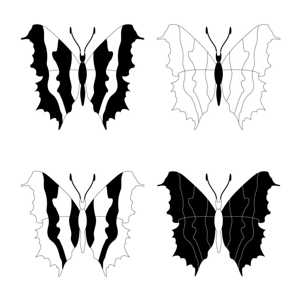 conjunto de especies, insectos mariposas en blanco y negro, estilo plano. vector