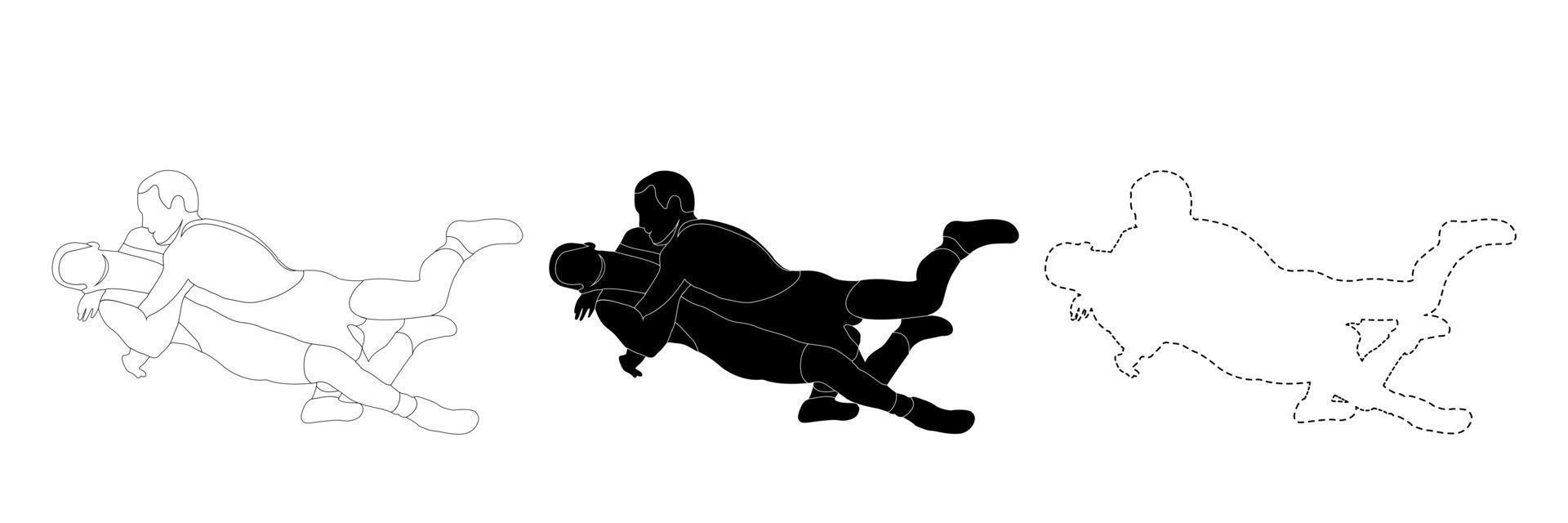 Outline sketch black and white silhouette of a wrestler athlete in wrestling, holding, grappling. Doodle black and white line drawing. vector