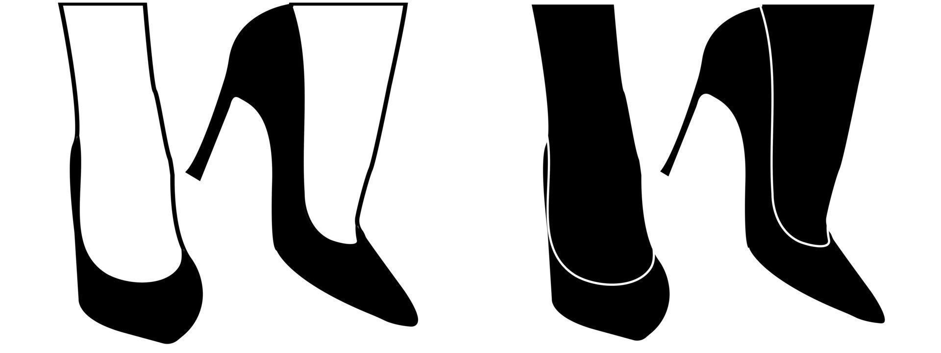 Set of outline black and white silhouette of women's shoes. Women's shoe model. Flat style. vector