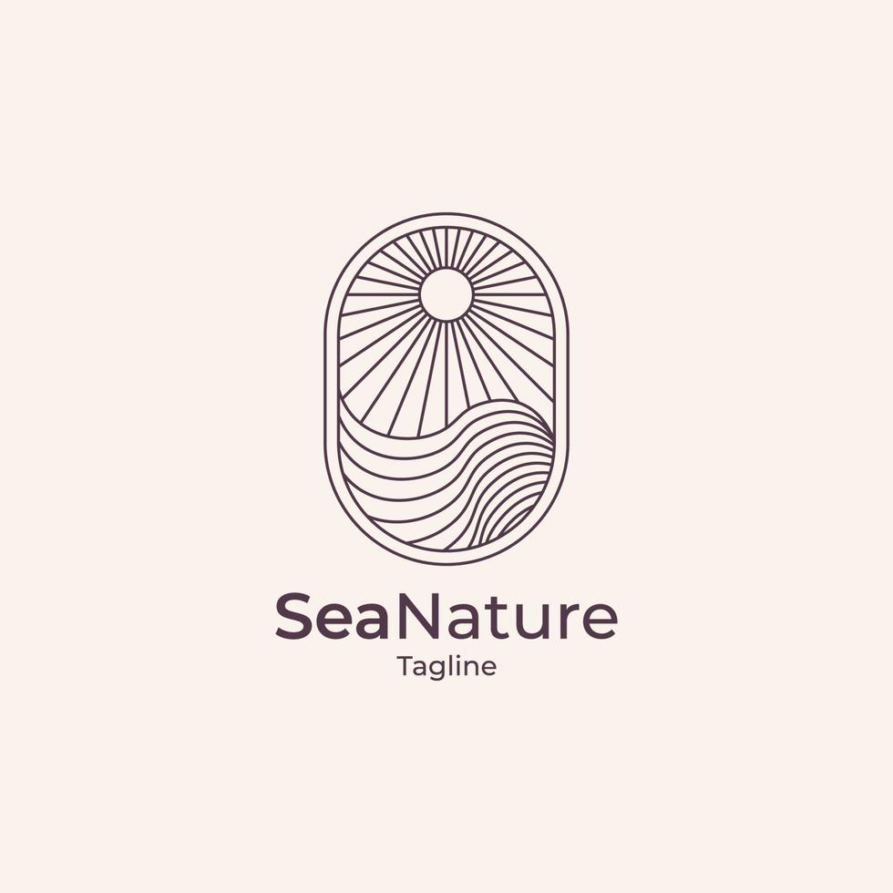 Ocean Sun line outline Logo Design, sea line outline logo vector