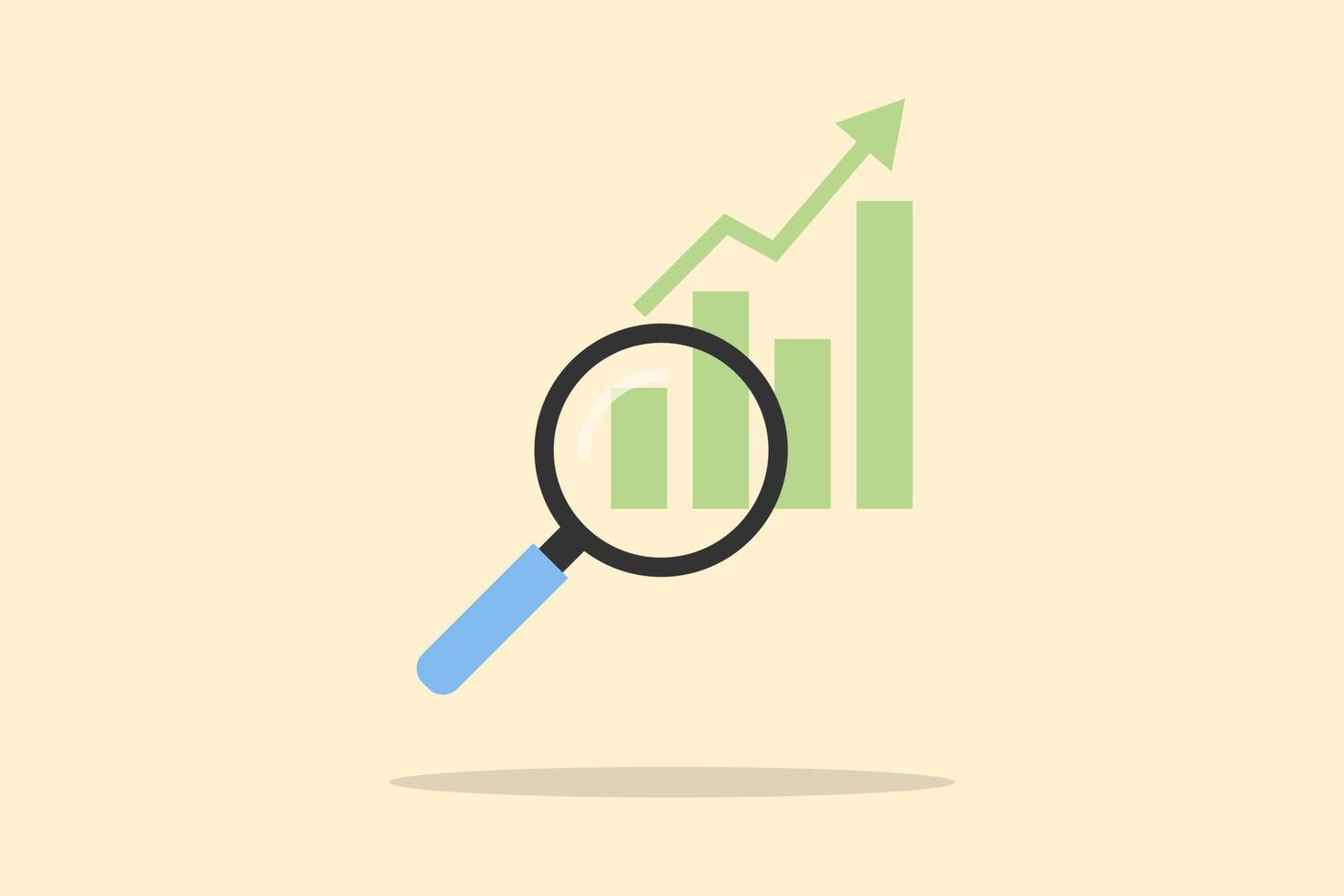 conceptos de análisis de gráficos. lupa y dardo con un gráfico verde y una flecha superior sobre fondo amarillo para investigación empresarial, inversión de crecimiento, comercio electrónico y finanzas. vector