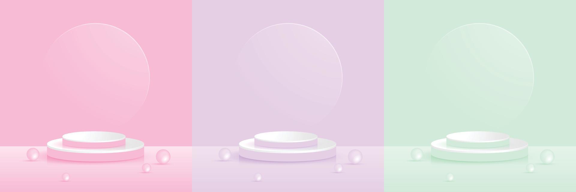 Set of pastel minimal scenery with geometrical forms. pink, violet, green and balls. background vector 3d render podium. stand cosmetic products. 3d vector illustration.