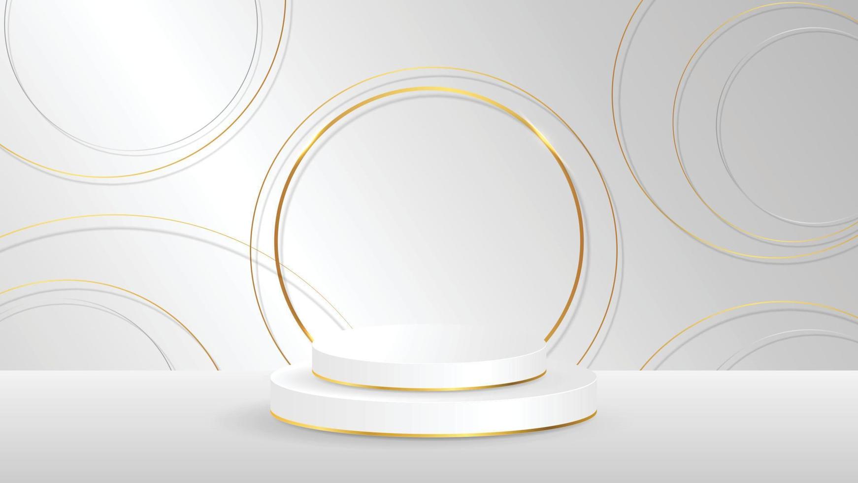 Minimal scenery with geometrical forms. white podium display product and sparkle golden curve line element, background vector 3d render podium. stand cosmetic products. 3d vector illustration.