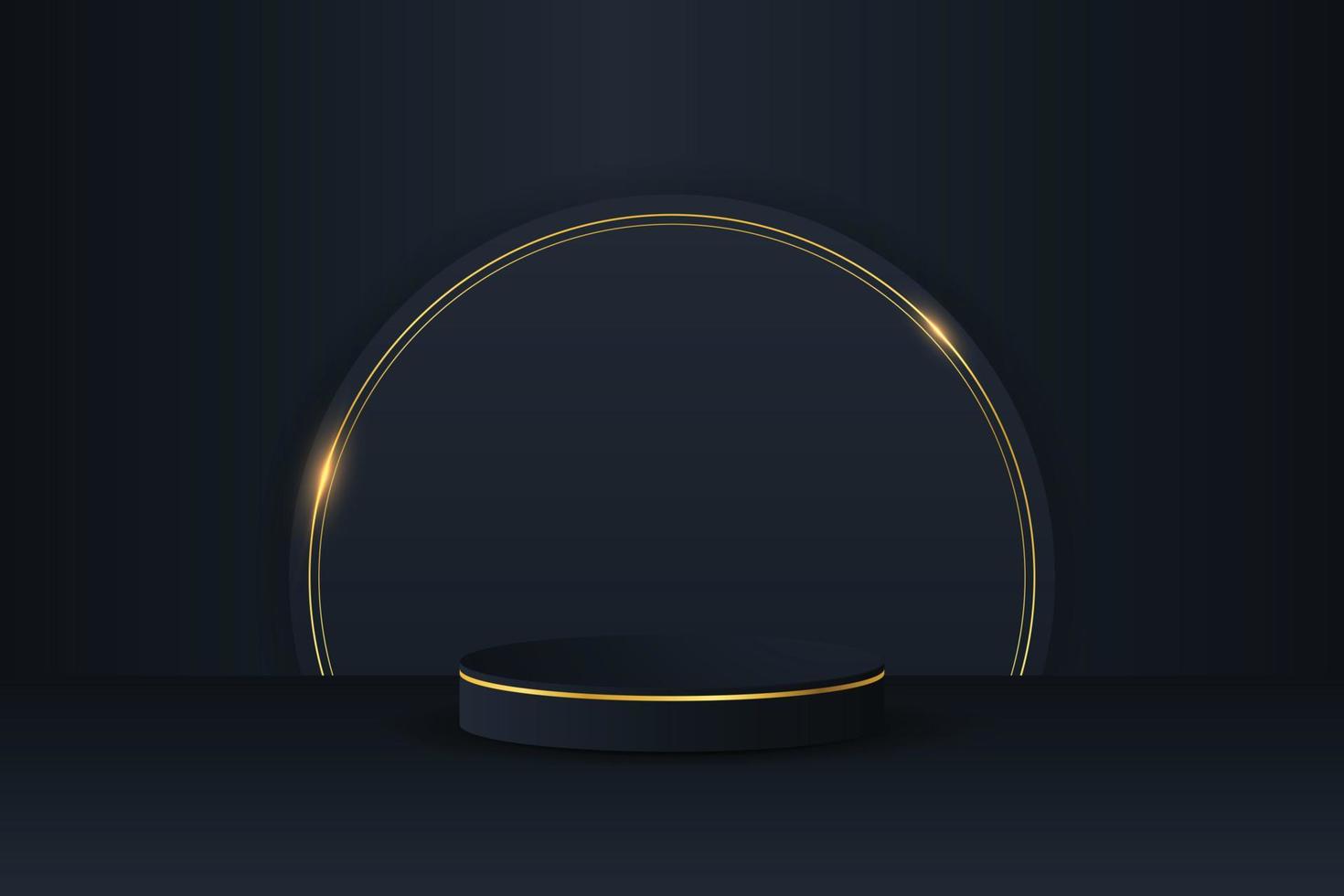 Black podium and modern gold border with a black circle element background. Abstract vector illustration showing a 3D shape for placing a product with copy space.