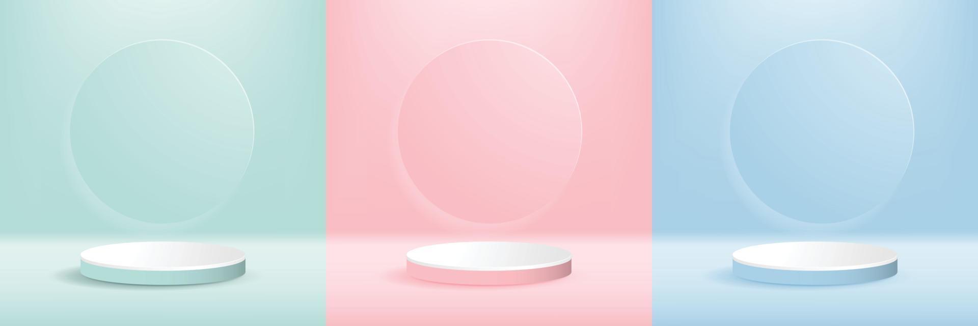 Set of pastel minimal scenery with geometrical forms. green, pink, light blue in circle backdrop. background vector 3d render podium. stand cosmetic products. vector illustration.