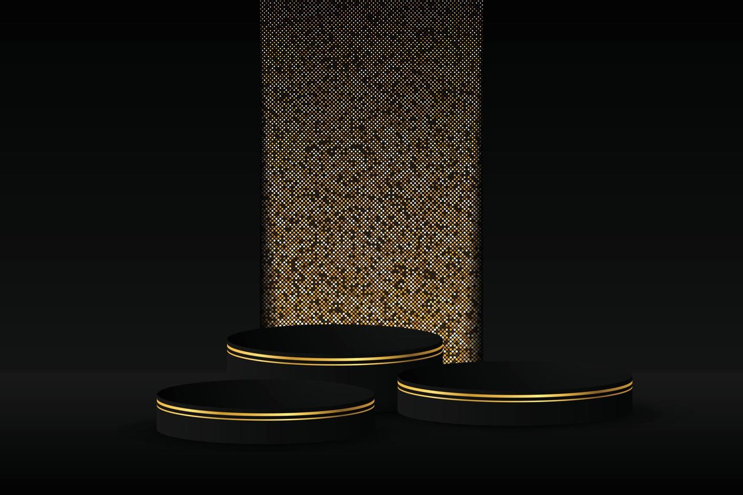 Black podium and modern gold border with a glitter gold background. Abstract vector illustration showing a 3D shape for placing a product with copy space.