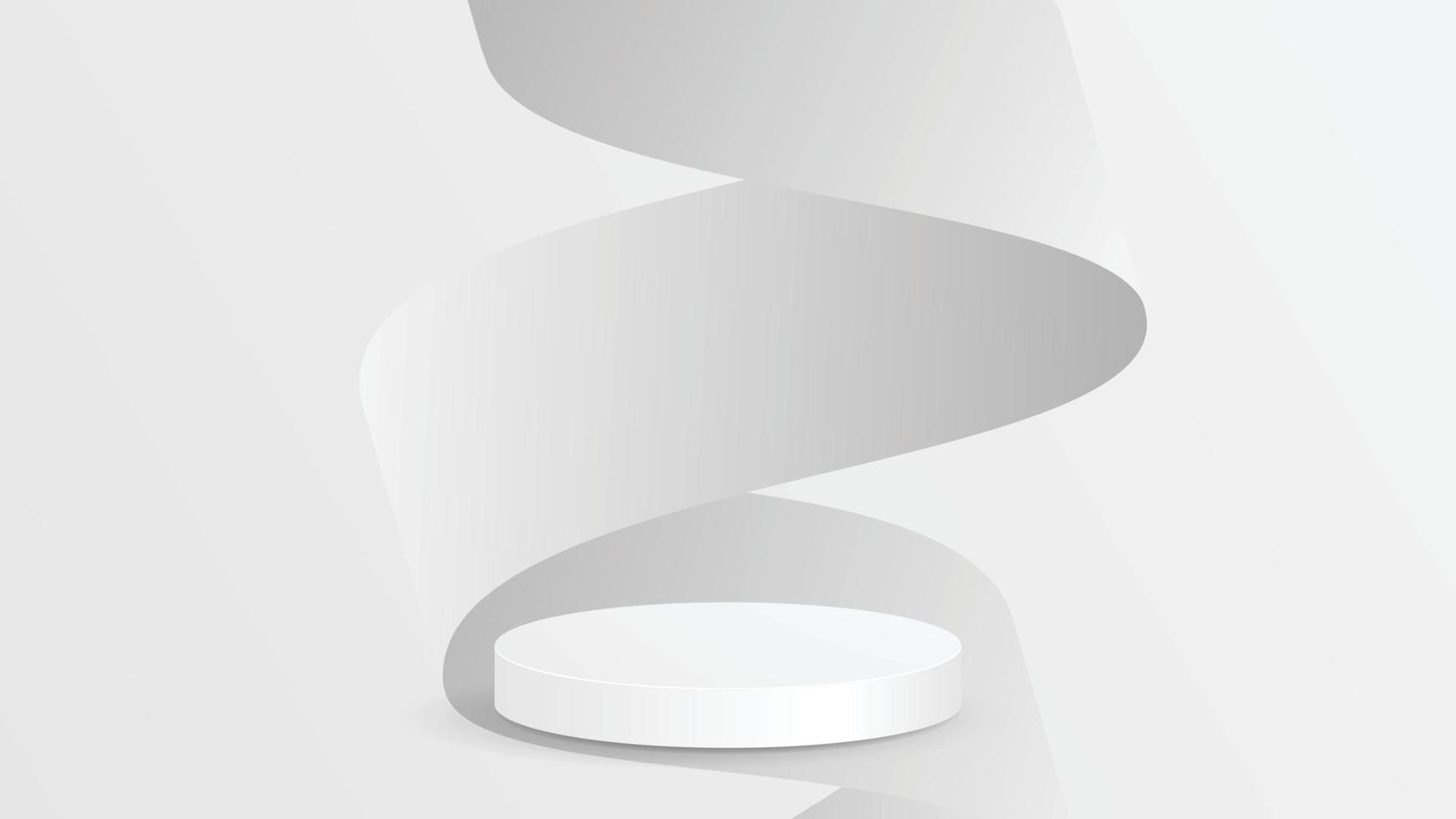 Podium with white paper swirl flow on white studio background, background vector 3d render podium. stand cosmetic products. 3d vector illustration.