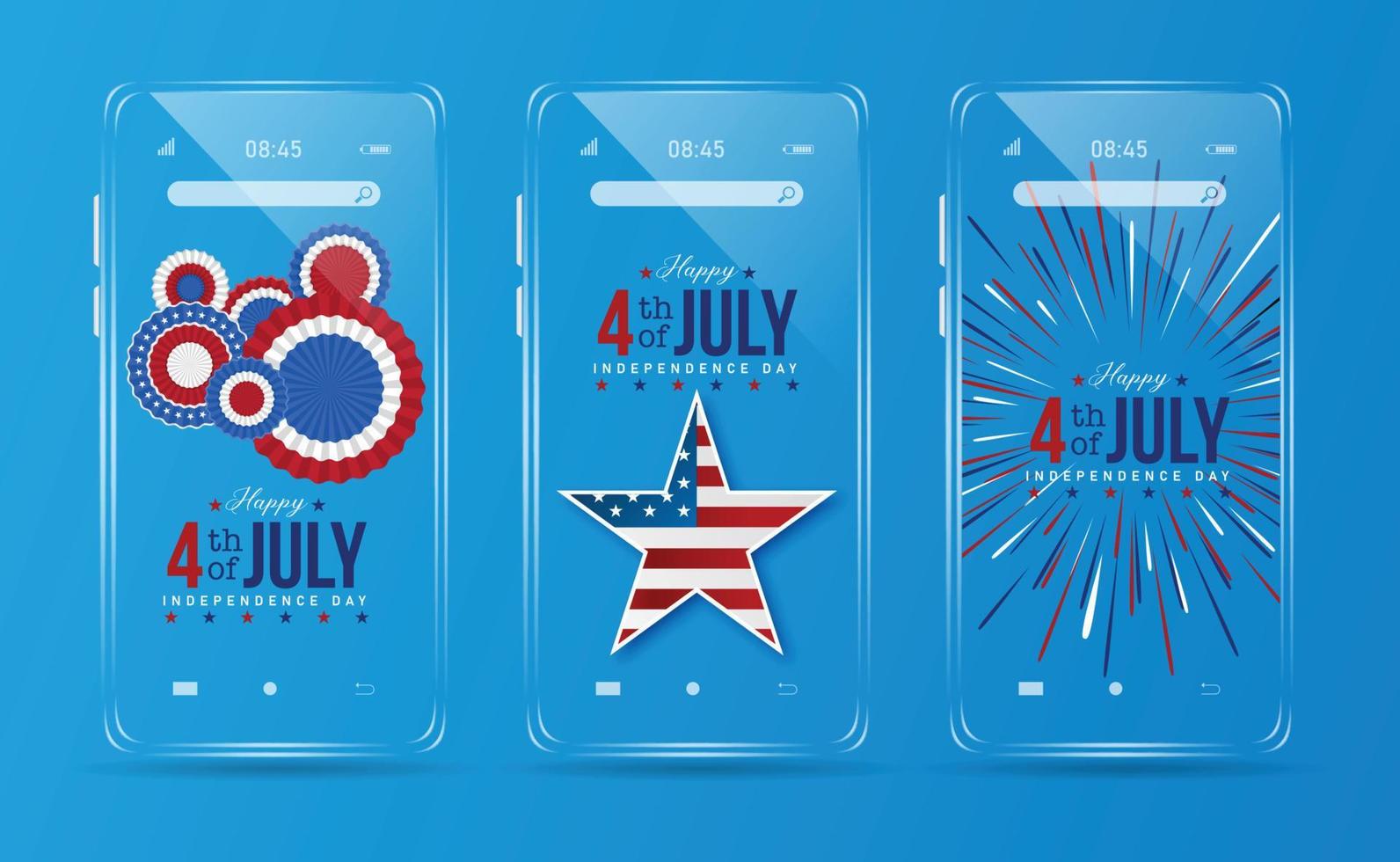 Circular American flag illustration with ribbons and stars and fireworks on mobile phone screen for 4th of july usa independence day with blue background. vector