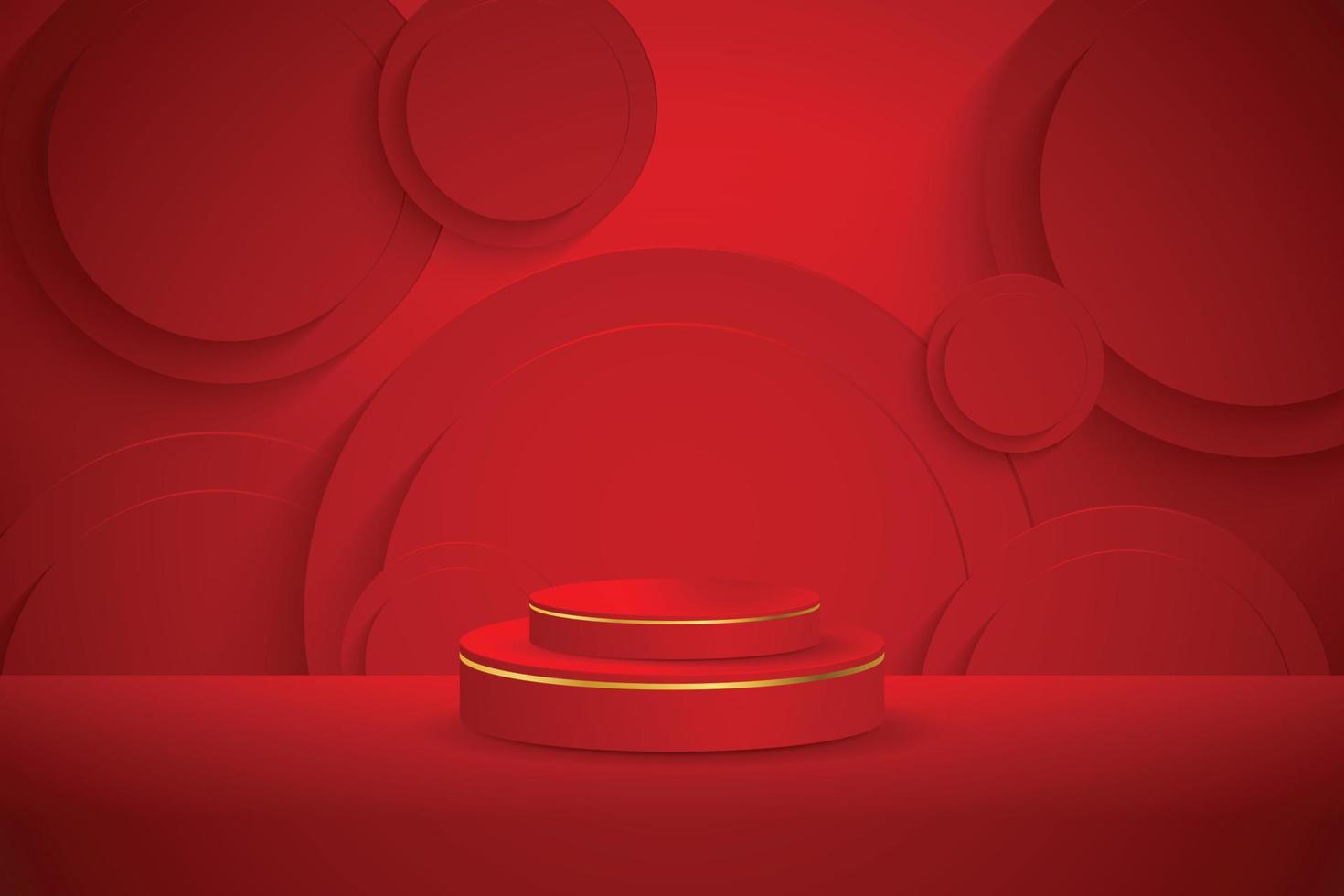 Red podium and modern gold border with a red embossed circle element background. Abstract vector illustration showing a 3D shape for placing a product with copy space.