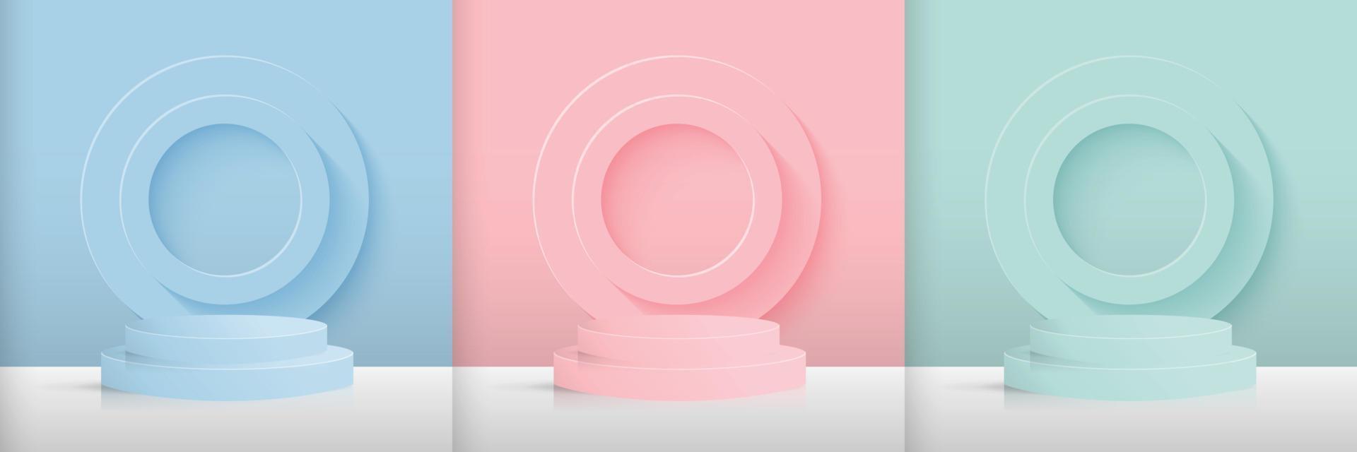 Set of blue, pink and green cylinder bases on stacked circle background. Modern abstract vector illustration showing 3D shapes for products showing presentations. Simple pastel wall backdrop.