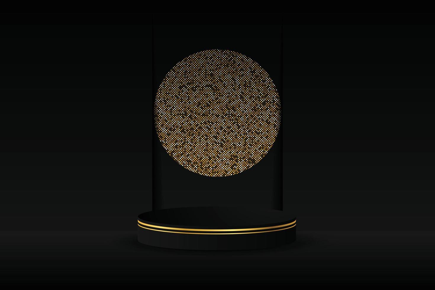 Black podium and modern gold border with a glitter gold background. Abstract vector illustration showing a 3D shape for placing a product with copy space.