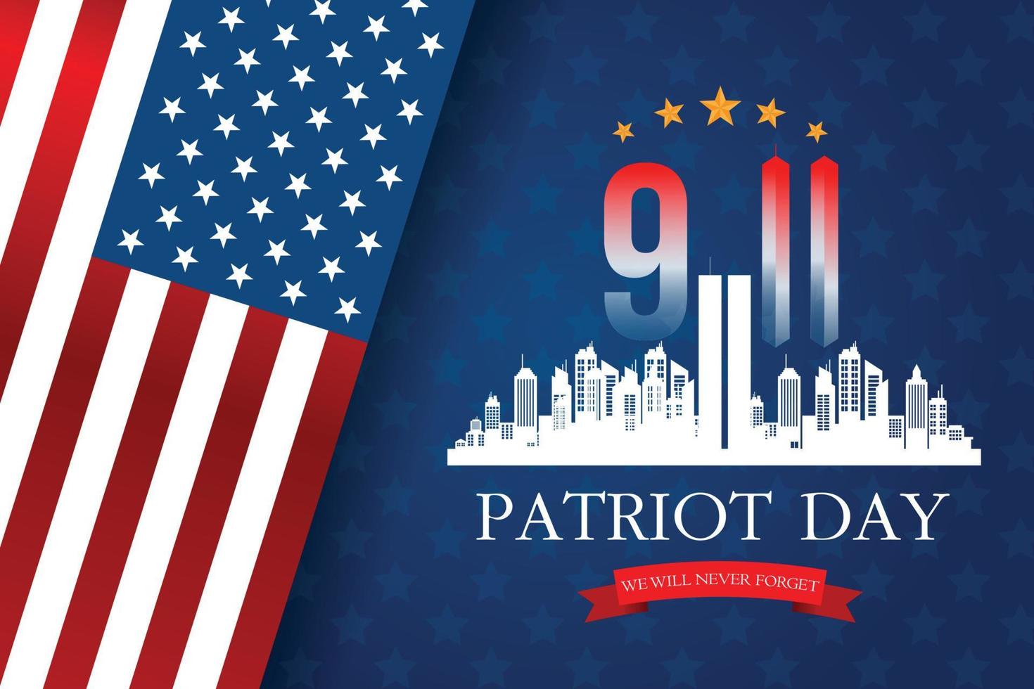 Vector banner design template with american flag and text on dark blue background for Patriot Day. vector poster. Patriot Day, September 11, We will never forget