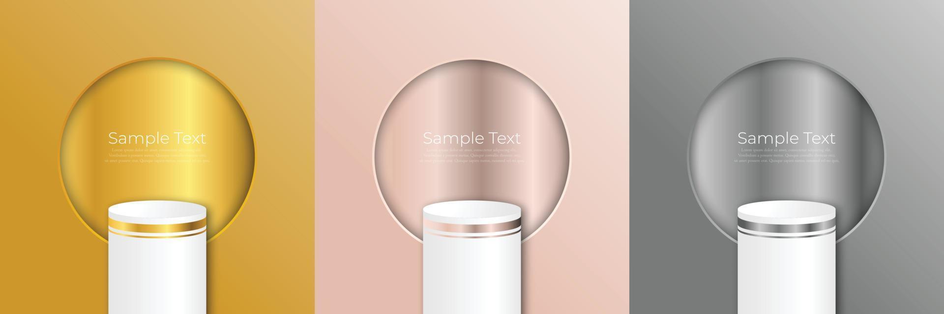 escena minimalista pastel ambientada con formas geométricas. fondo de oro, rosa, plata con podio blanco hermoso borde dorado fondo de vector 3d representación de podio soporte de producto cosmético ilustración 3d