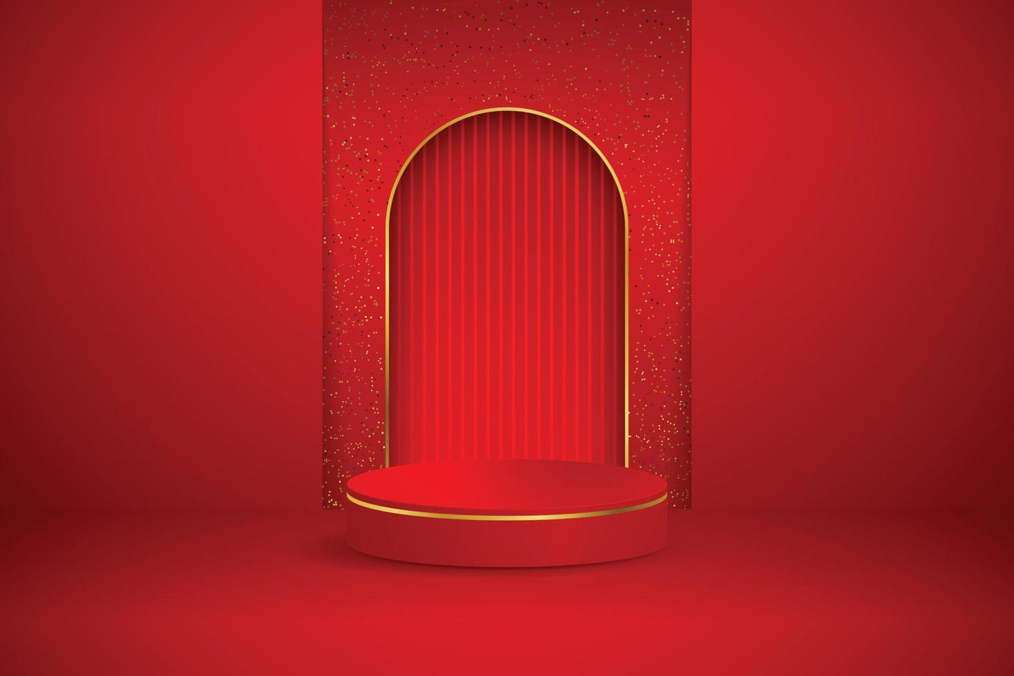 Red podium and modern gold border with geometric background. Abstract vector illustration showing a 3D shape for placing a product with copy space.