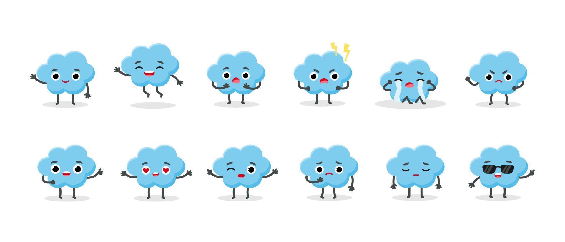 establece lindos personajes emoji de nubes. colección de pegatinas de emoticonos vectoriales. vector