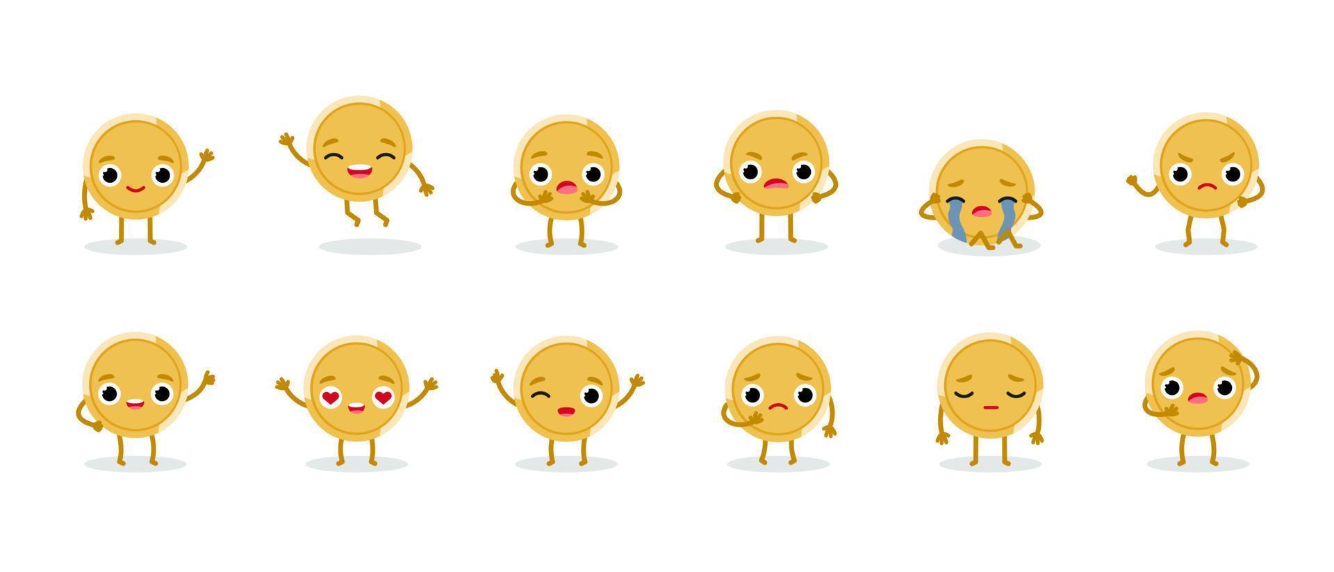 Set of cute emotional gold coin characters. Funny vector cartoon money isolated on white background