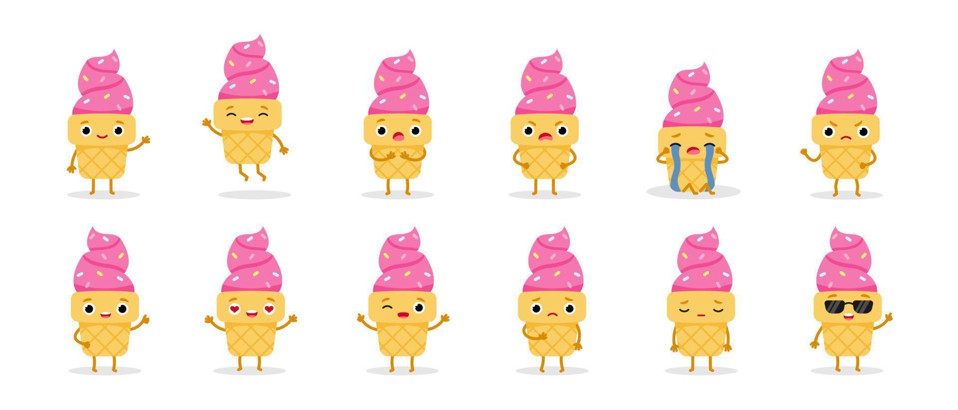 conjunto rosa de dibujos animados personajes de emoji de helado. comida dulce. linda ilustración vectorial vector