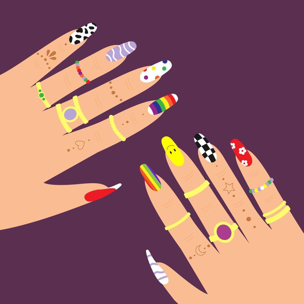 Female hand with aesthetic manicured nails, golden ring. Nostalgia for 1990s vector
